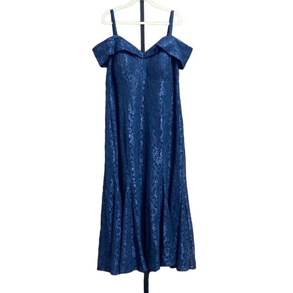 R&M Richards Navy Off the Shoulder Fishtail Evening Gown with Full Body Shimmer - Picture 4 of 12